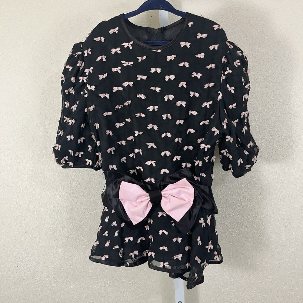 Vintage Sabrina Blouse Girls 10 Pink Black Ribbon Bows Puff Sleeve Bow Belt USA